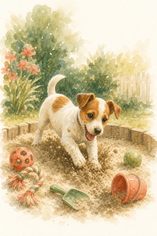 Watercolour illustration of a terrier puppy digging in a sand pit