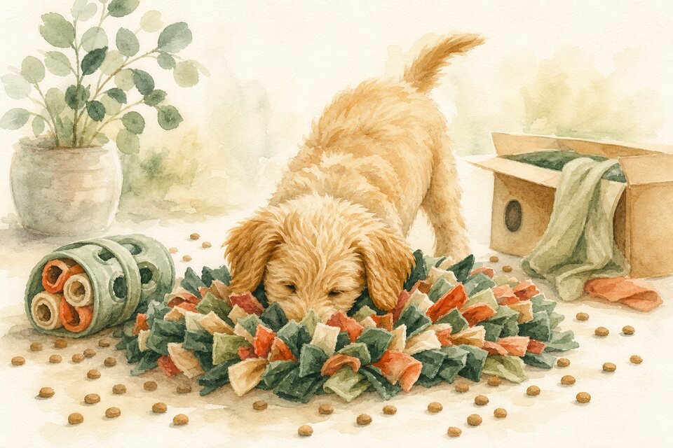 Curly-coated dog searching a snuffle mat for kibble beside a rolling food toy and cardboard enrichment box