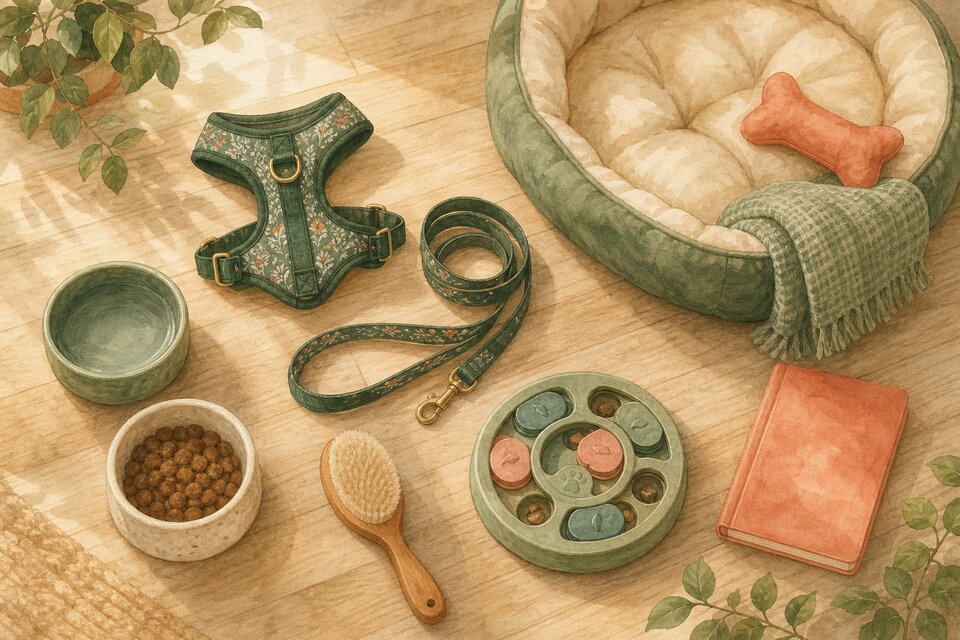 Overhead arrangement of dog gear including a harness, lead, bowls, brush, puzzle feeder, bed, blanket and journal
