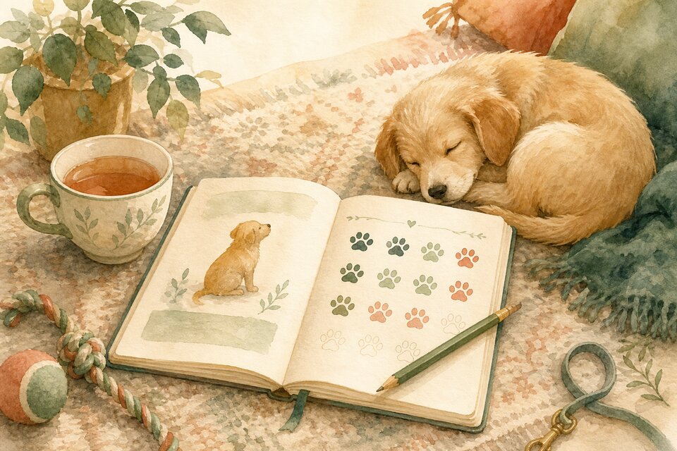 Open training journal with a puppy sketch and coloured paw-print records beside a sleeping puppy, pencil, tea, lead and toys