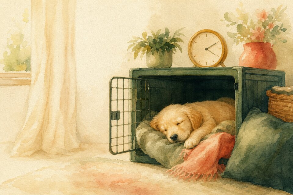 Golden puppy sleeping on soft bedding inside an open wire crate with blankets, cushions and a clock nearby
