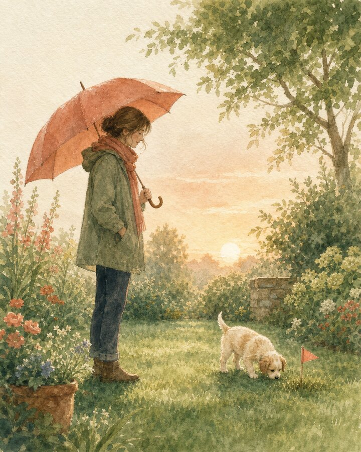 Person in a raincoat holding an umbrella while a small dog sniffs beside a red flag marking its outdoor toilet spot