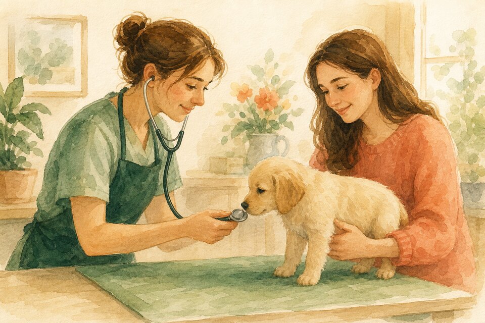 Veterinarian examining a puppy with a stethoscope while its owner supports it on the exam table
